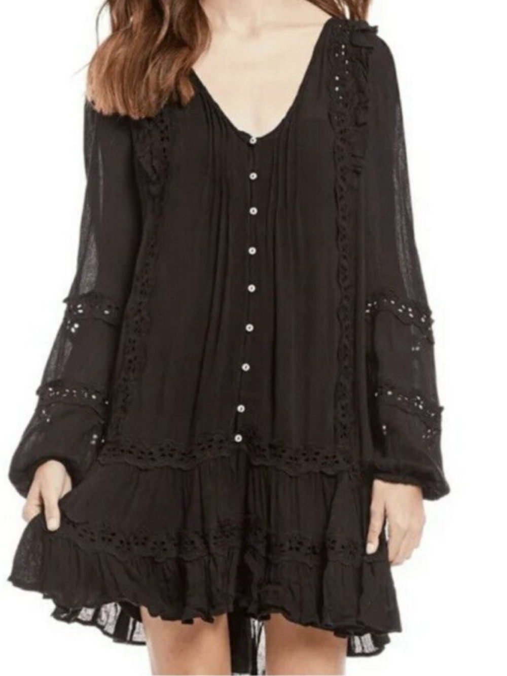 Free People Snow Angel Black Bohemian Button Front Mini Dress